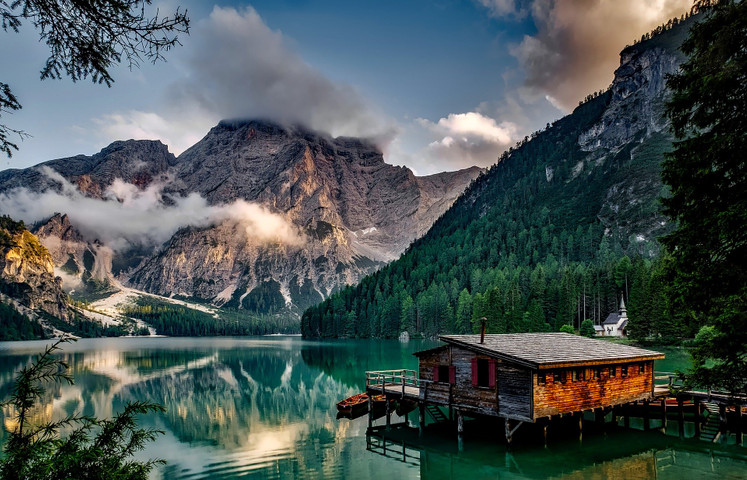 The beautiful view of a lakeside hut