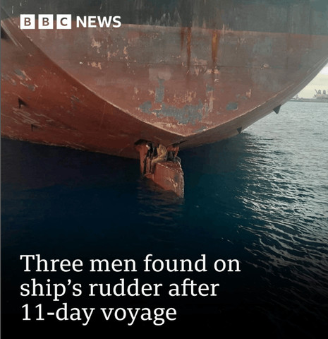 Three men found on ship’s rudder after 11 day voyage