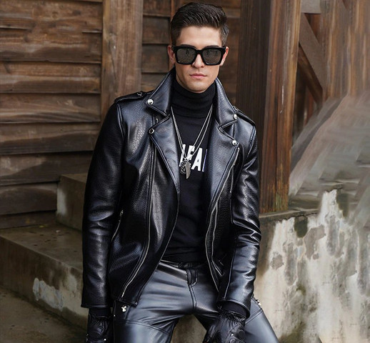 Men ways to wear black shirt –Black shirt & Black leather jacket