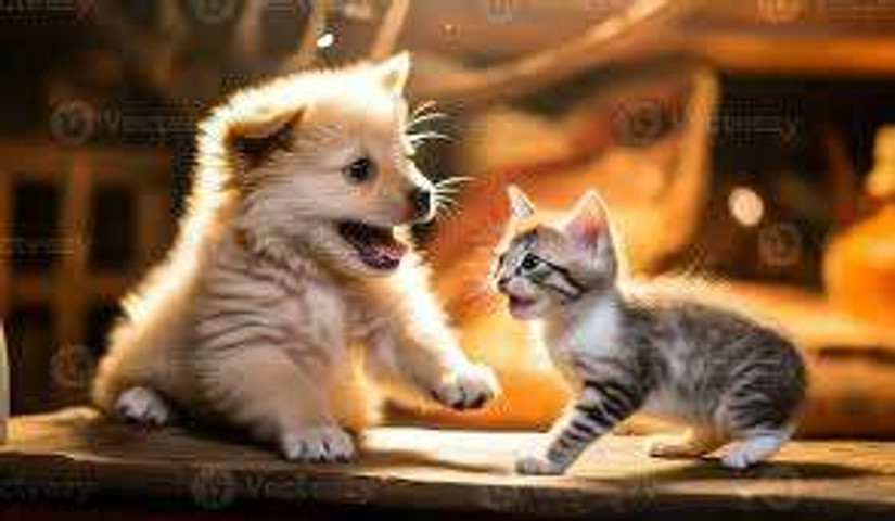 funny dog and cat are playing