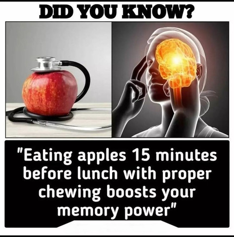 Eating apples 15 minutes before lunch with proper chewing boosts your memory power