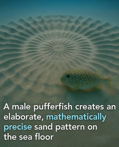 A male pufferfish creates an elaborate mathematically precise sand pattern on the sea floor