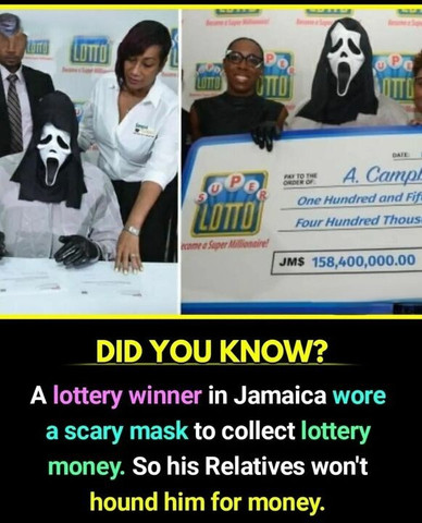 A lottery winner in Jamaica wore a scary mask to collect lottery money