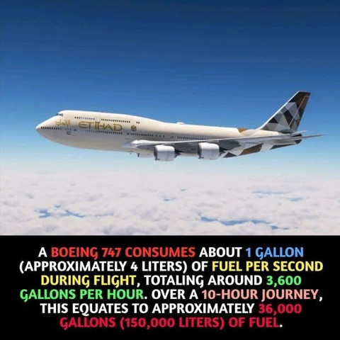 A Boeing 747 consumes about 1 gallon (approximately 4 liters) of fuel per second