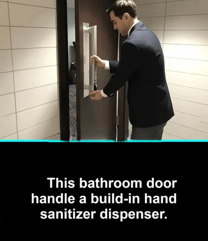 This bathroom door handle a build-in hand sanitizer dispenser